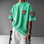 Unisex Loose-Fit Vertical-Stripe Short-Sleeve T-Shirt With Rugby Print