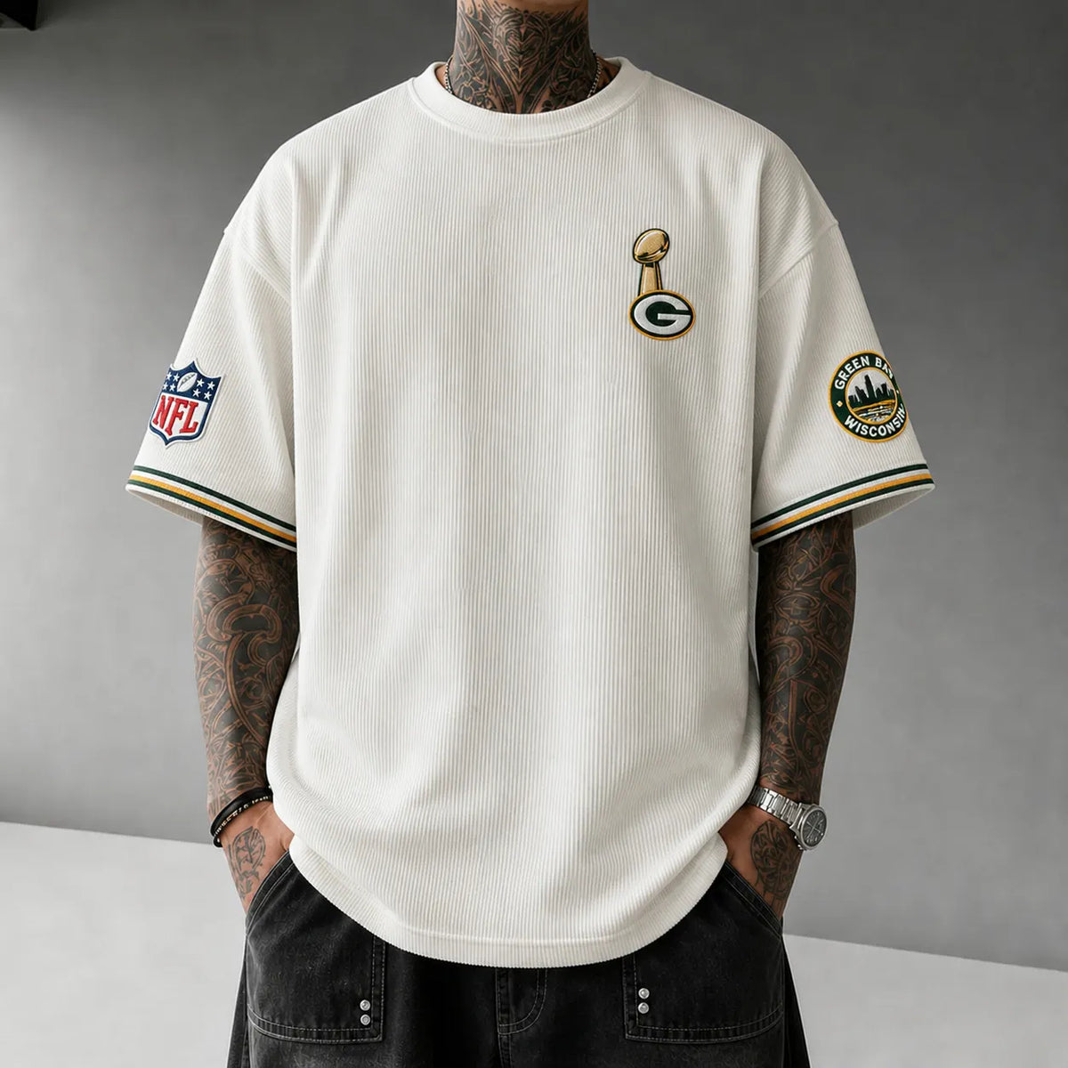 Unisex Loose-Fit Vertical-Stripe Short-Sleeve T-Shirt With Rugby Print