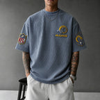 Unisex Loose-Fit Vertical-Stripe Short-Sleeve T-Shirt With Rugby Print