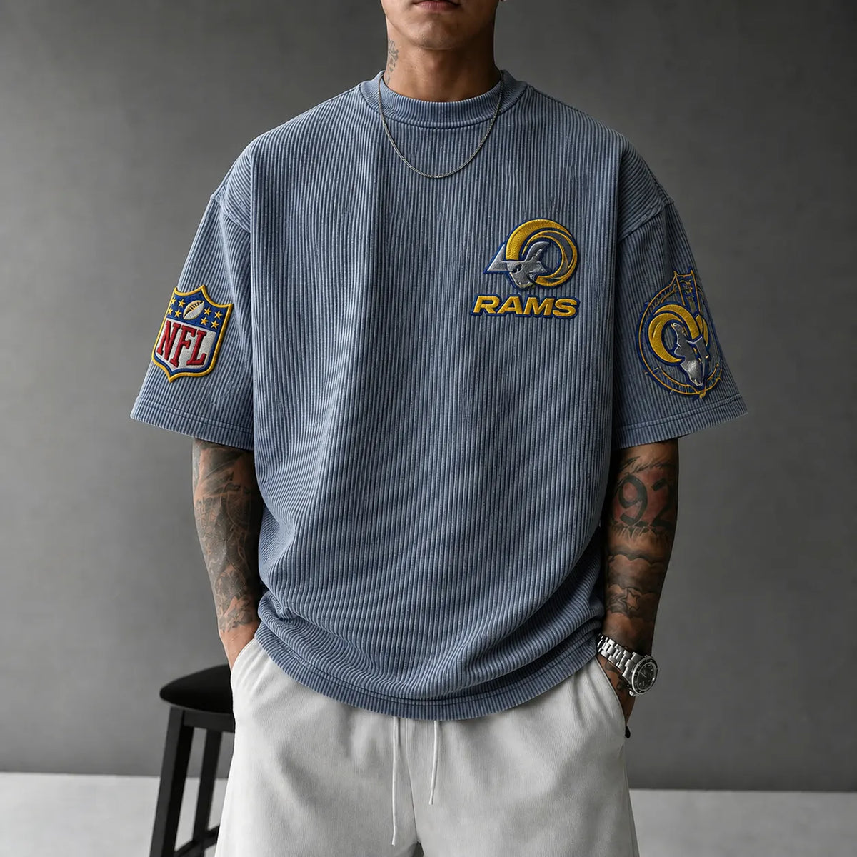 Unisex Loose-Fit Vertical-Stripe Short-Sleeve T-Shirt With Rugby Print