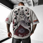Unisex Oversized Anime-Print Vertical-Stripe Short-Sleeve T-Shirt