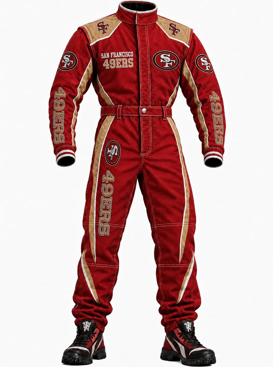 Men's Red And Gold Stand Collar Long Sleeve Racing Style Jumpsuit
