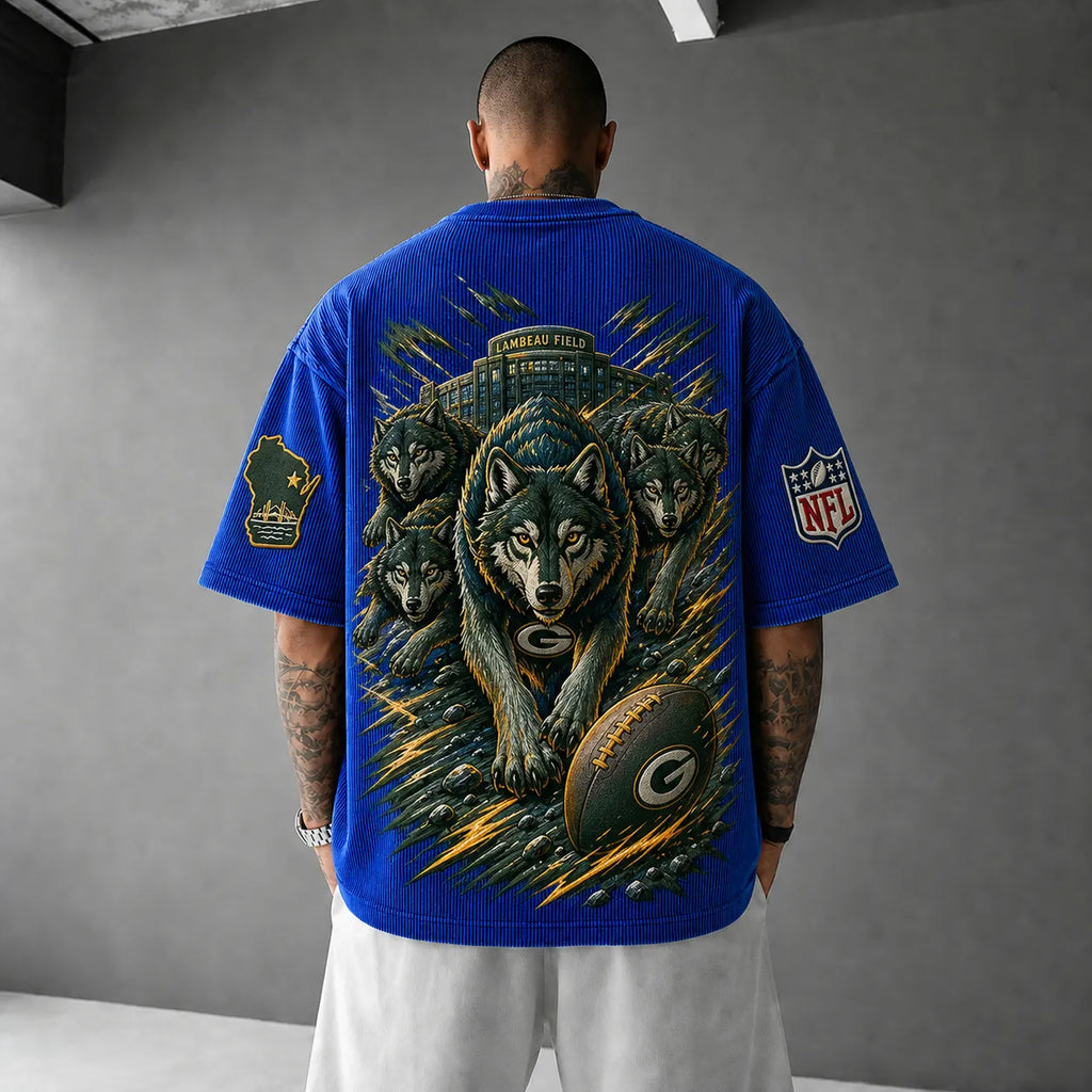 Unisex Loose-Fit Vertical-Stripe Short-Sleeve T-Shirt With Rugby Print