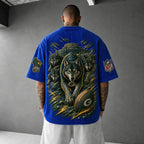 Unisex Loose-Fit Vertical-Stripe Short-Sleeve T-Shirt With Rugby Print