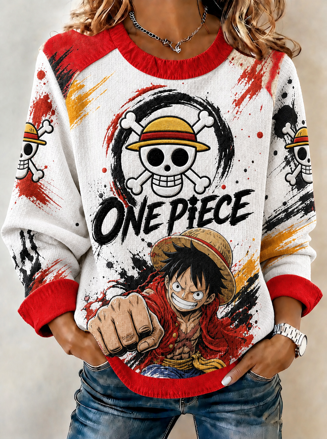 Women's Anime Graphic Waffle Knit Crewneck Sweatshirt