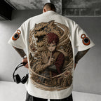 Unisex Oversized Anime-Print Vertical-Stripe Short-Sleeve T-Shirt