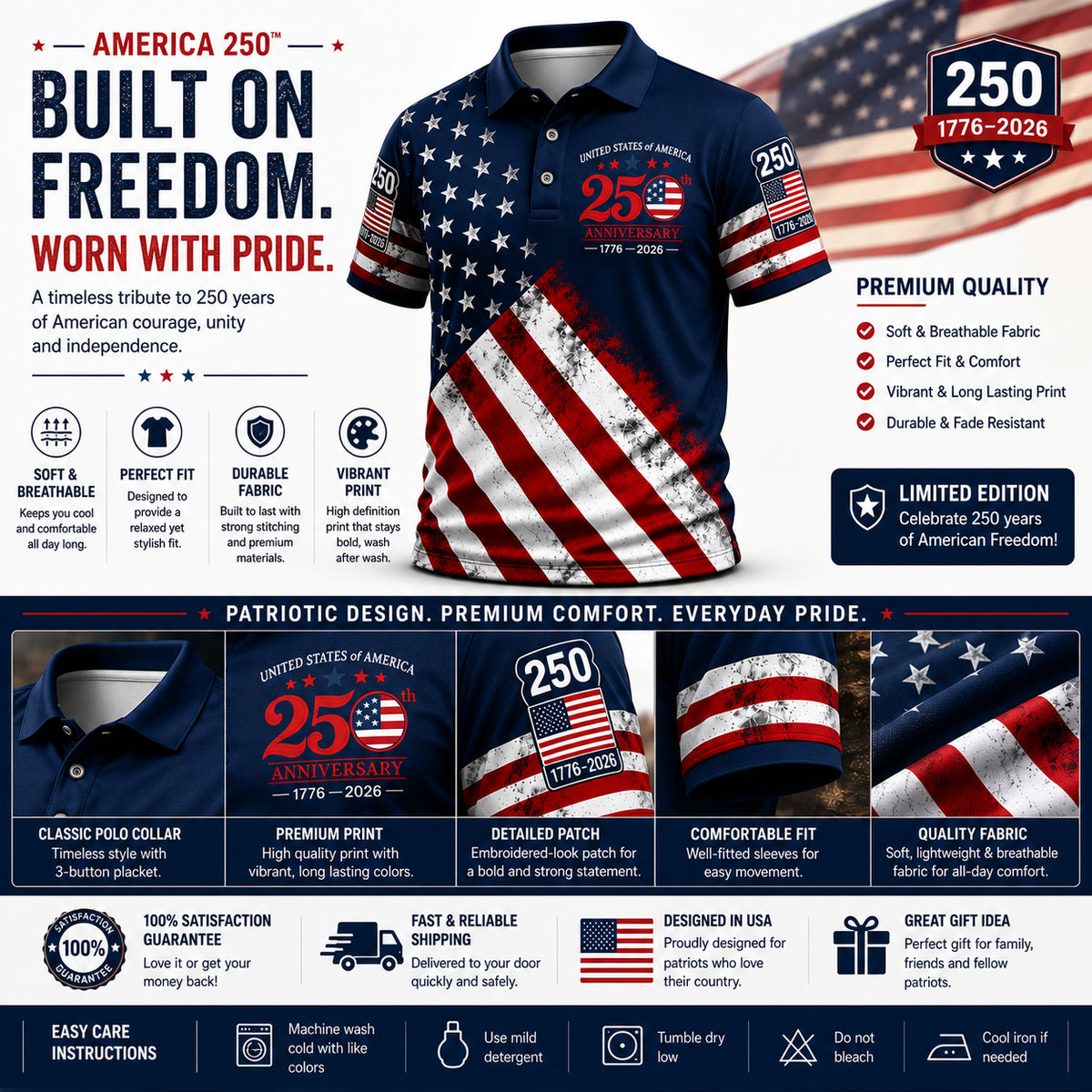 Unisex Casual 250Th Anniversary Celebration Short Sleeved Polo Shirt