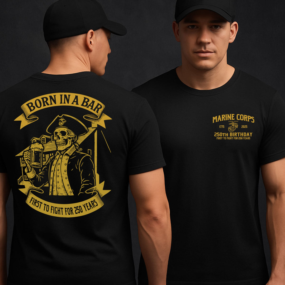 Marines Born In A Bar Skull 250th Birthday T-shirt