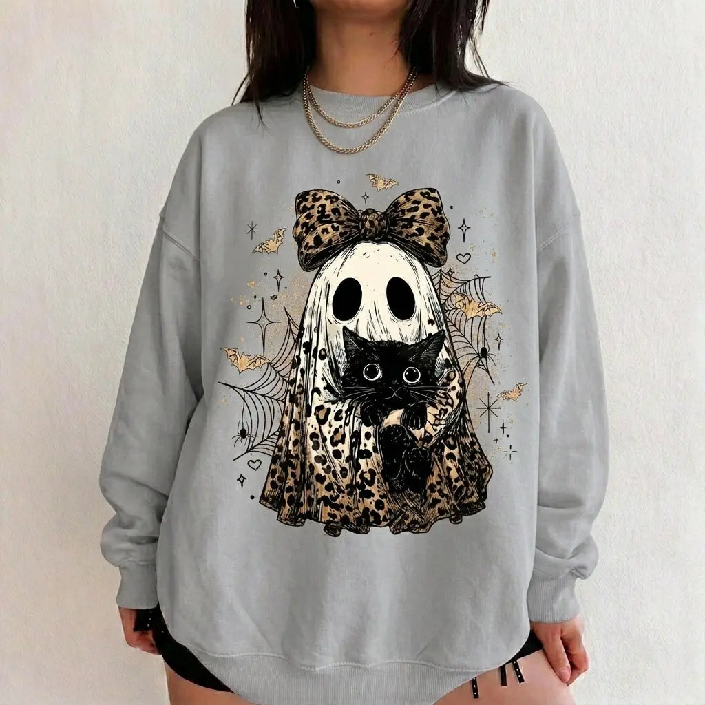 Leopard Ghost Cat Halloween Sweatshirt