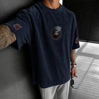 Unisex Oversized Anime-Print Vertical-Stripe Short-Sleeve T-Shirt