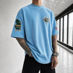 Unisex Loose-Fit Vertical-Stripe Short-Sleeve T-Shirt With Rugby Print