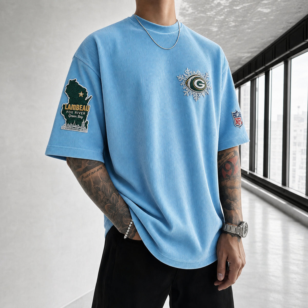 Unisex Loose-Fit Vertical-Stripe Short-Sleeve T-Shirt With Rugby Print