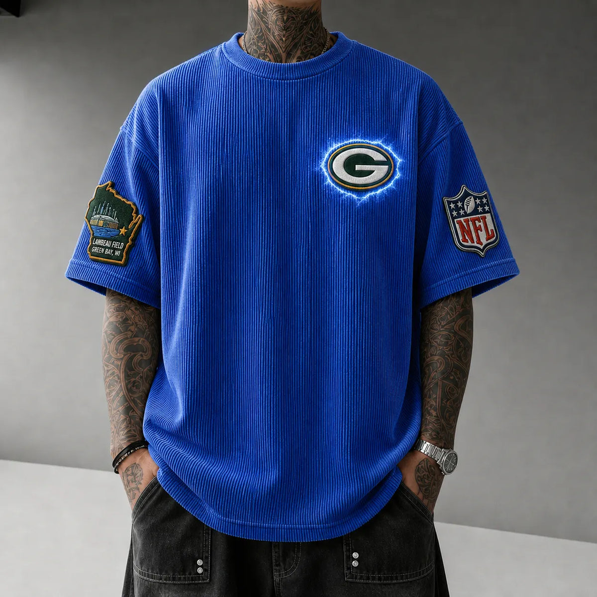 Unisex Loose-Fit Vertical-Stripe Short-Sleeve T-Shirt With Rugby Print