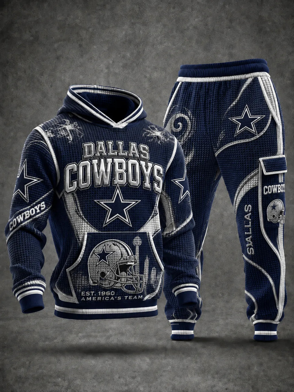Premium Cotton-Blend Waffle Knit Hoodie And Jogger Set With Football Fans