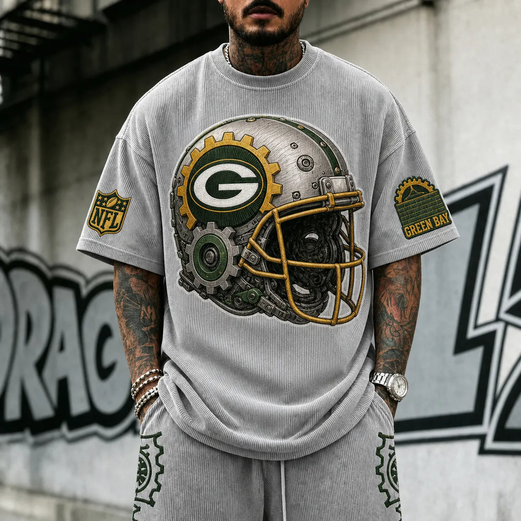Unisex Loose-Fit Vertical-Stripe Short-Sleeve T-Shirt With Rugby Print