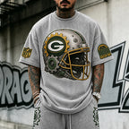 Unisex Loose-Fit Vertical-Stripe Short-Sleeve T-Shirt With Rugby Print