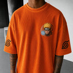 Unisex Oversized Anime-Print Vertical-Stripe Short-Sleeve T-Shirt