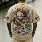 Unisex Oversized Anime-Print Vertical-Stripe Short-Sleeve T-Shirt