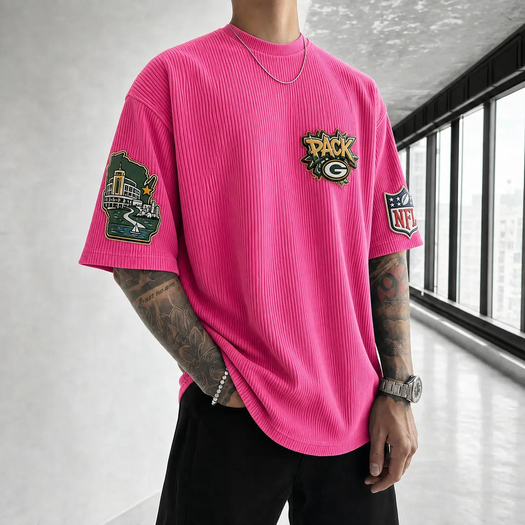 Unisex Loose-Fit Vertical-Stripe Short-Sleeve T-Shirt With Rugby Print