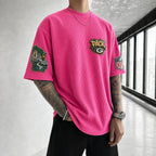 Unisex Loose-Fit Vertical-Stripe Short-Sleeve T-Shirt With Rugby Print