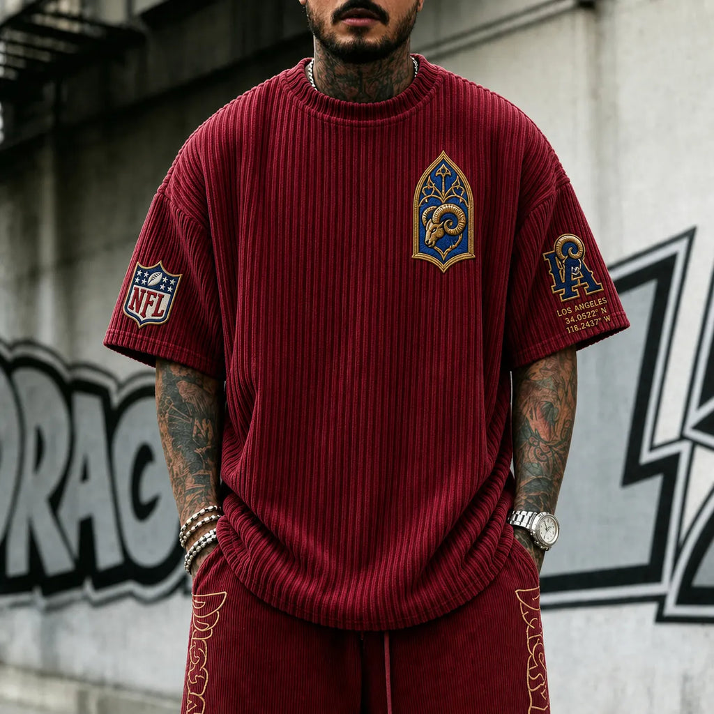 Unisex Loose-Fit Vertical-Stripe Short-Sleeve T-Shirt With Rugby Print