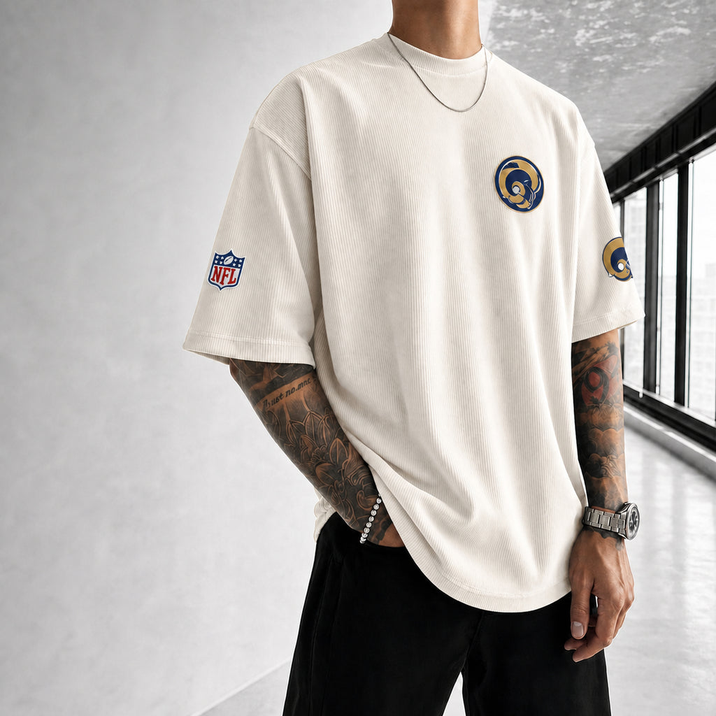 Unisex Rugby Print Loose-Fit Vertical-Stripe Short-Sleeve T-Shirt