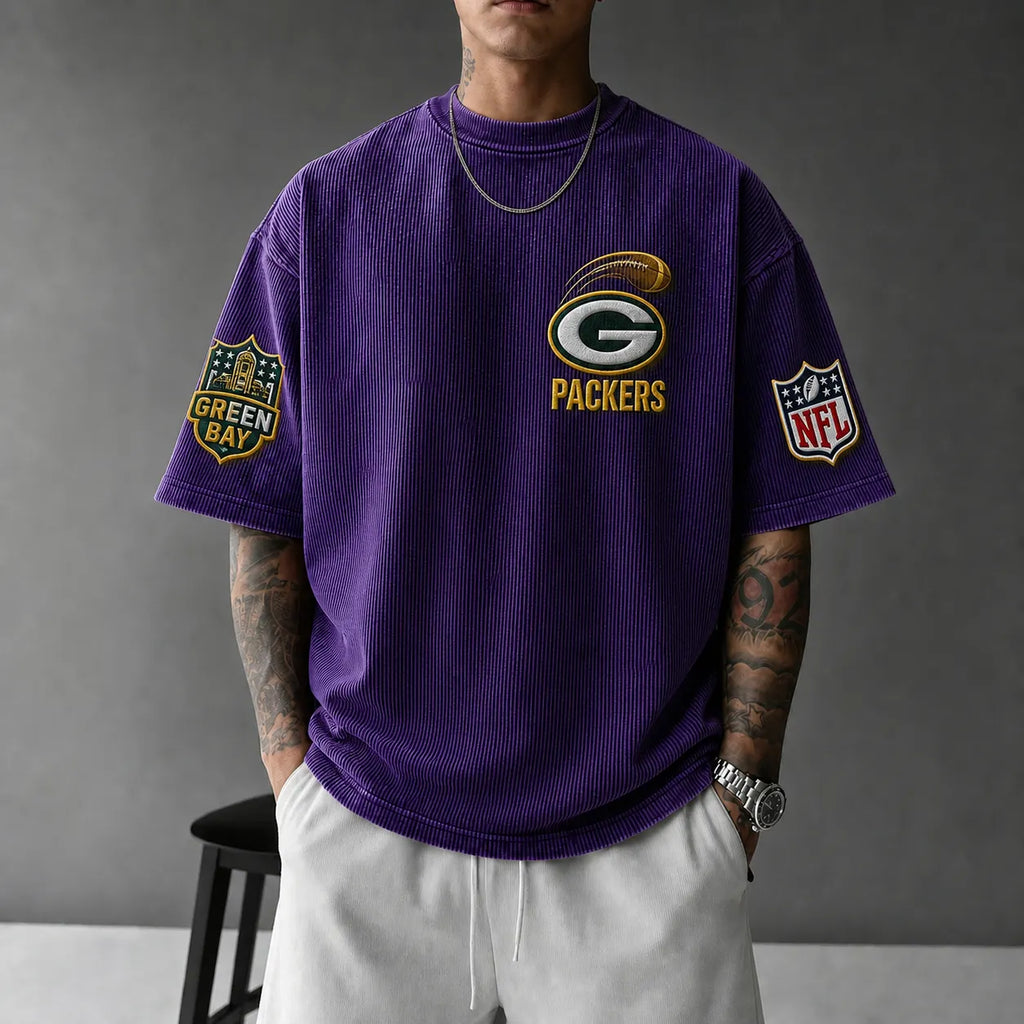 Unisex Loose-Fit Vertical-Stripe Short-Sleeve T-Shirt With Rugby Print