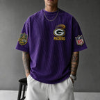 Unisex Loose-Fit Vertical-Stripe Short-Sleeve T-Shirt With Rugby Print