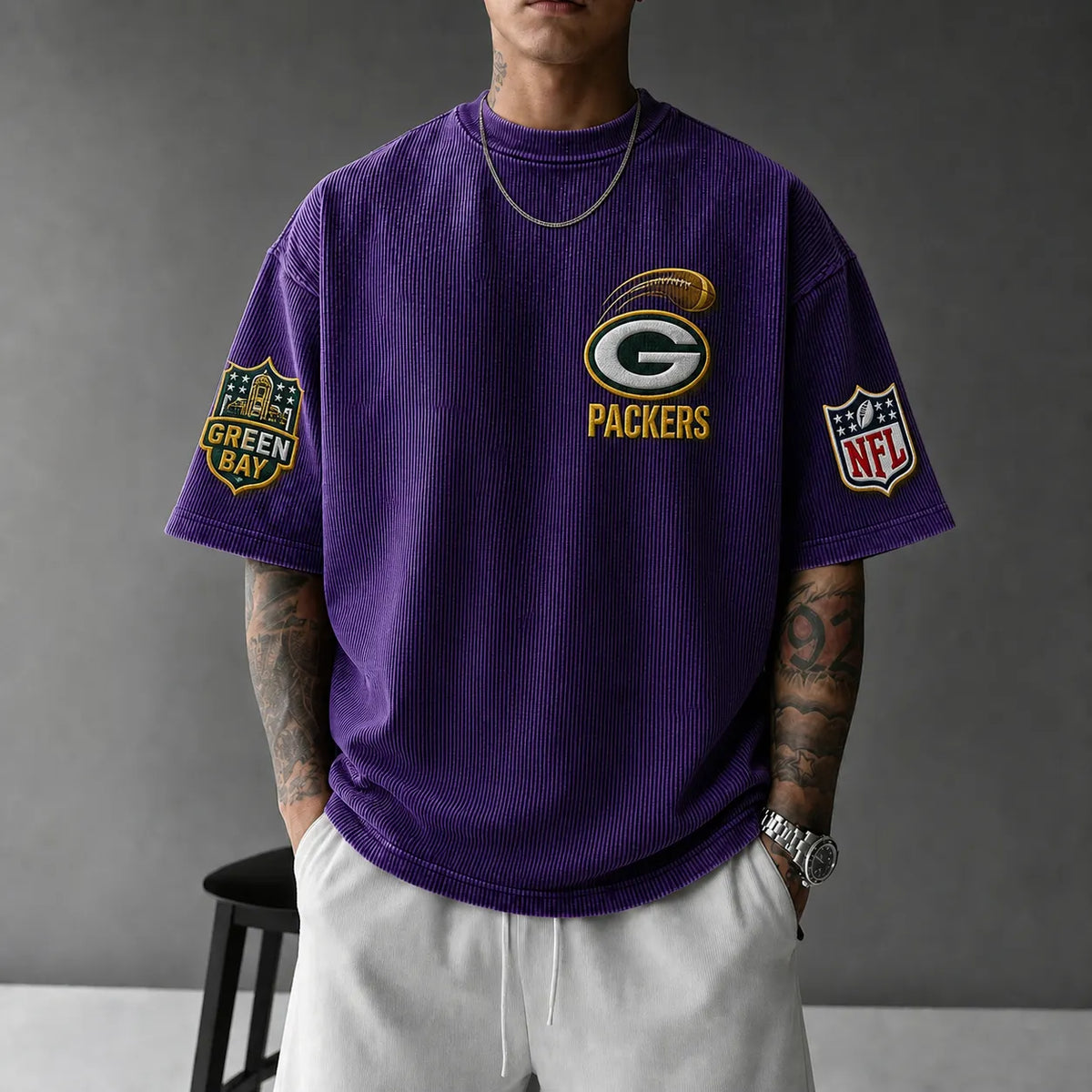 Unisex Loose-Fit Vertical-Stripe Short-Sleeve T-Shirt With Rugby Print
