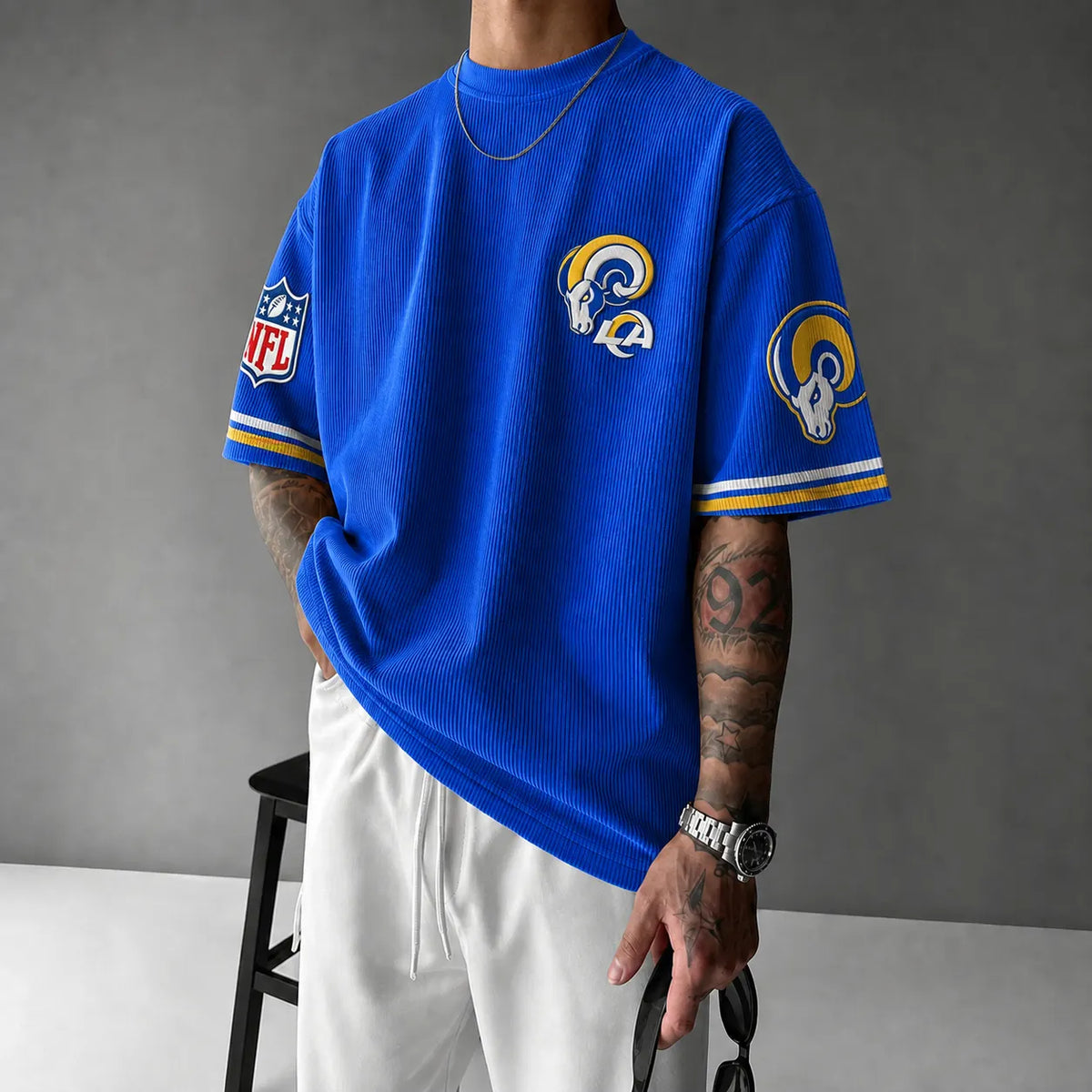 Unisex Loose-Fit Vertical-Stripe Short-Sleeve T-Shirt With Rugby Print