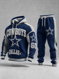 Vintage Football‐Inspired Print Long Sleeve Drawstring Tracksuit Hoodie Set