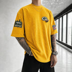 Unisex Loose-Fit Vertical-Stripe Short-Sleeve T-Shirt With Rugby Print