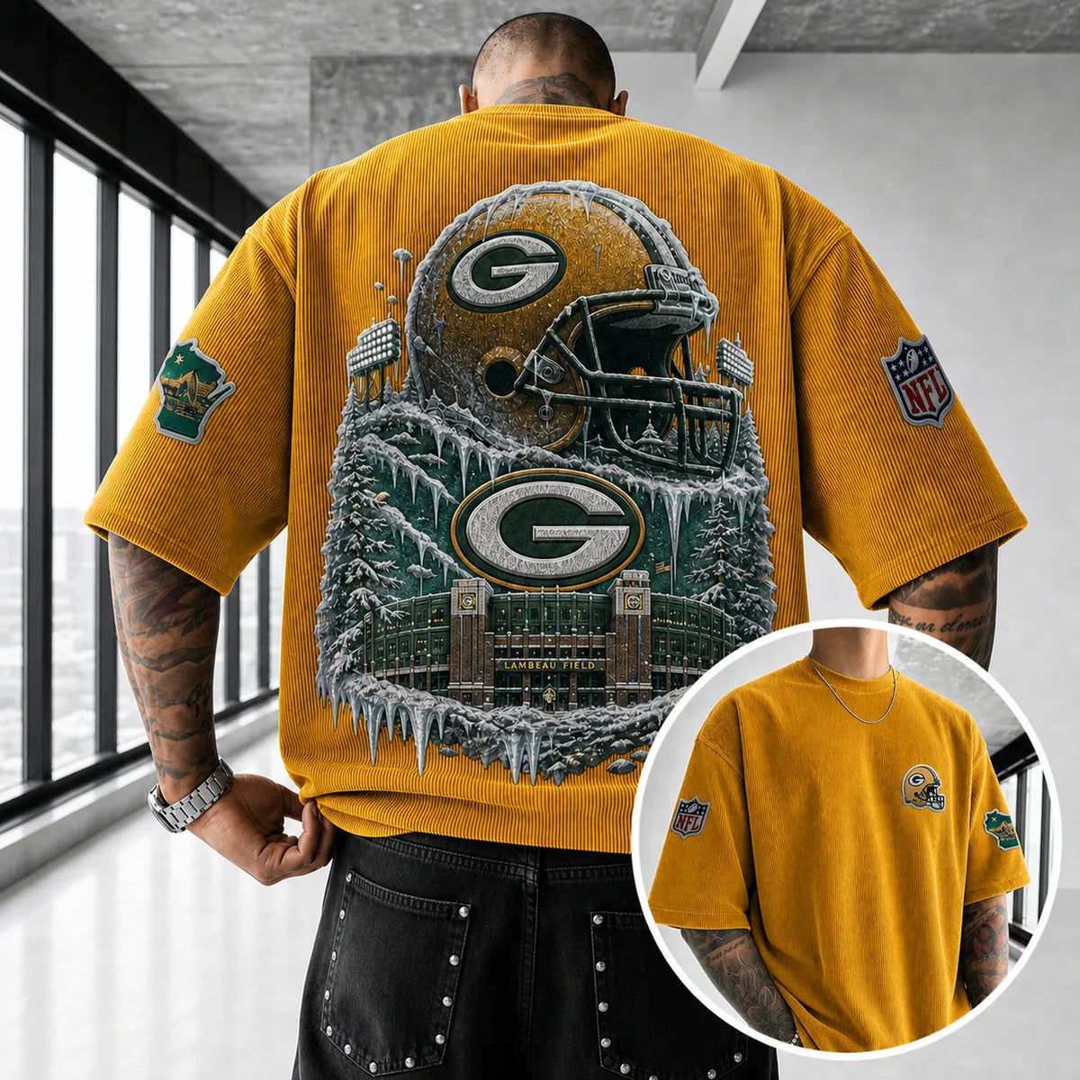 Unisex Loose-Fit Vertical-Stripe Short-Sleeve T-Shirt With Rugby Print