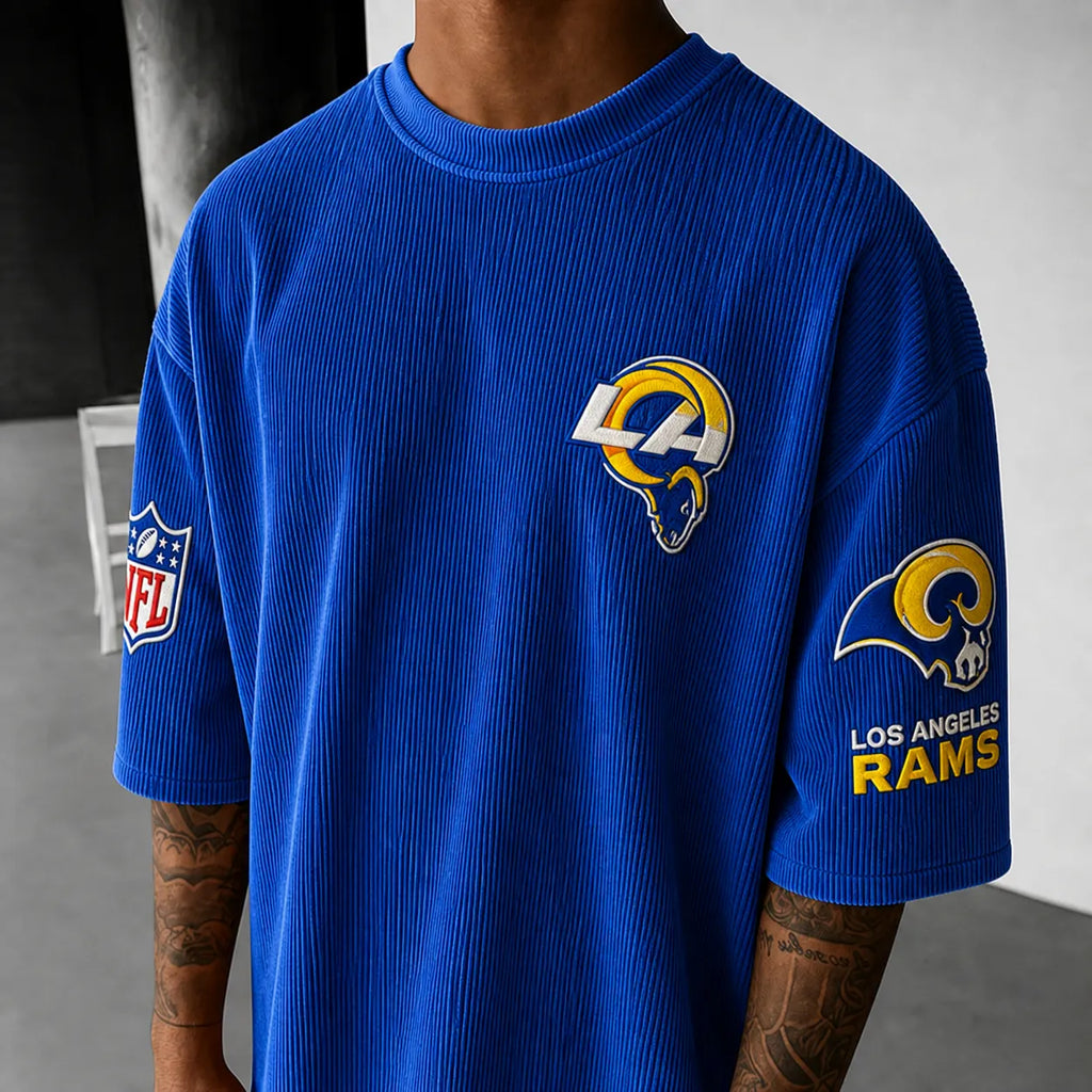 Unisex Loose-Fit Vertical-Stripe Short-Sleeve T-Shirt With Rugby Print