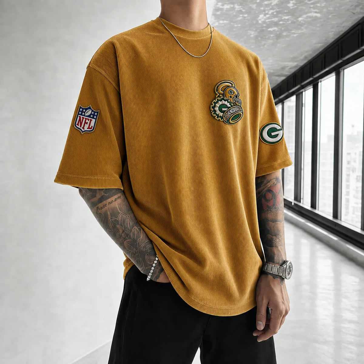 Unisex Loose-Fit Vertical-Stripe Short-Sleeve T-Shirt With Rugby Print