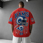 Unisex Loose-Fit Vertical-Stripe Short-Sleeve T-Shirt With Rugby Print