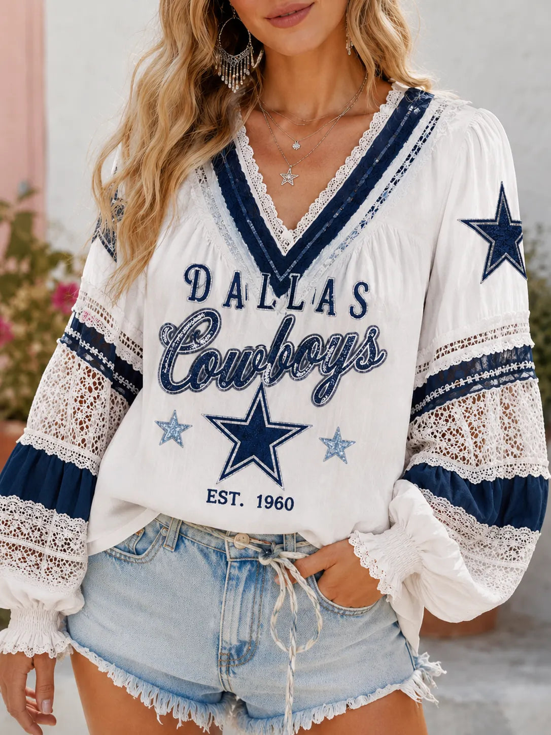 High-quality Fabric V-Neck Lace-Trimmed Football Fans Tee