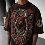 Unisex Oversized Anime-Print Vertical-Stripe Short-Sleeve T-Shirt