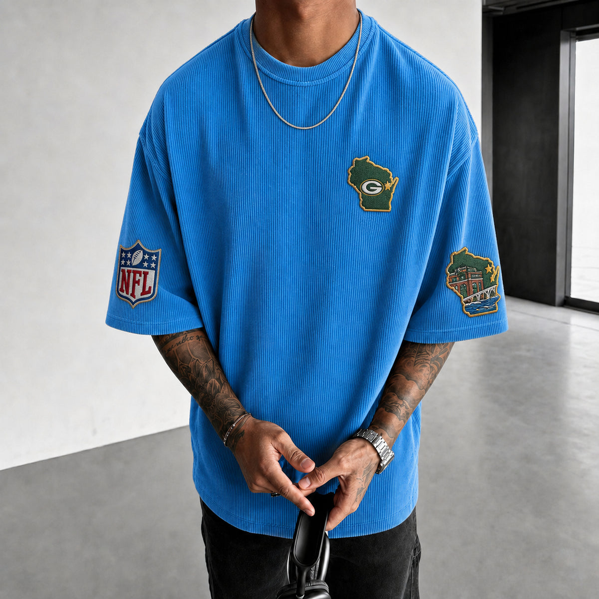 Unisex Loose-Fit Vertical-Stripe Short-Sleeve T-Shirt With Rugby Print