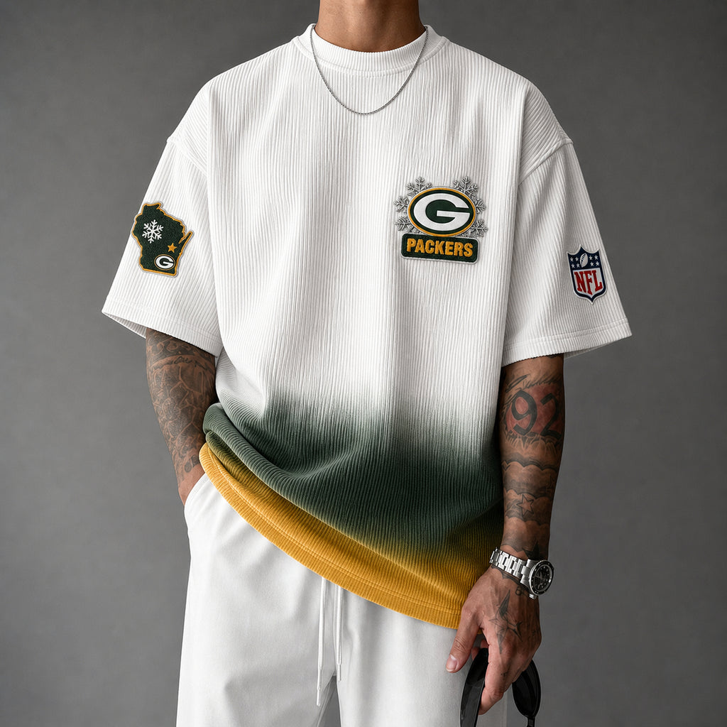 Unisex Loose-Fit Vertical-Stripe Short-Sleeve T-Shirt With Rugby Print