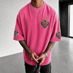 Unisex Loose-Fit Vertical-Stripe Short-Sleeve T-Shirt With Rugby Print