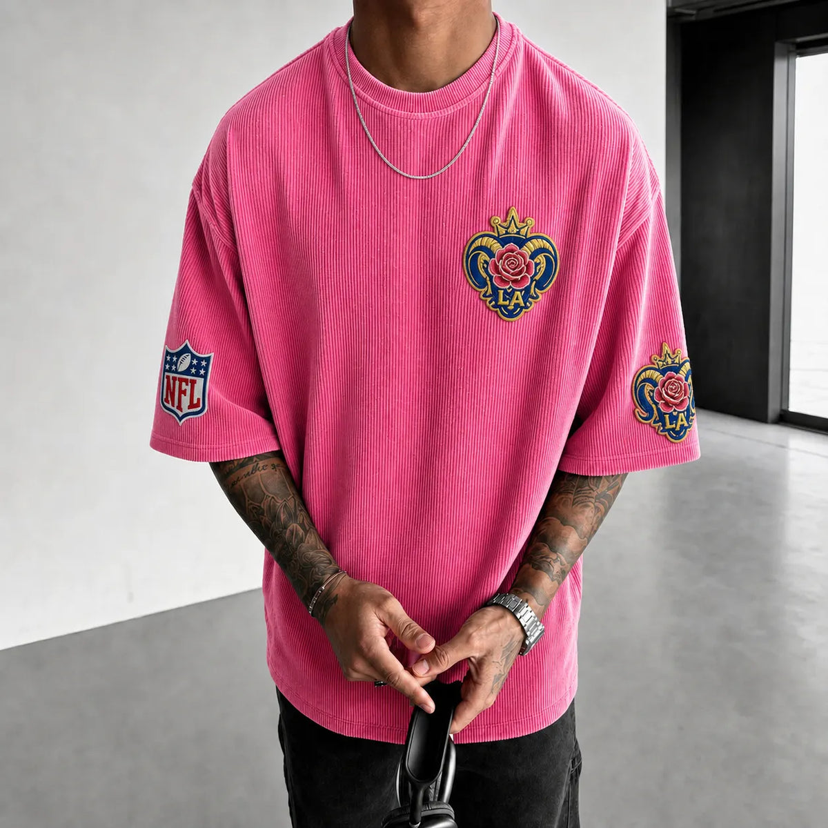Unisex Loose-Fit Vertical-Stripe Short-Sleeve T-Shirt With Rugby Print