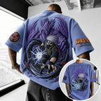 Unisex Oversized Anime-Print Vertical-Stripe Short-Sleeve T-Shirt