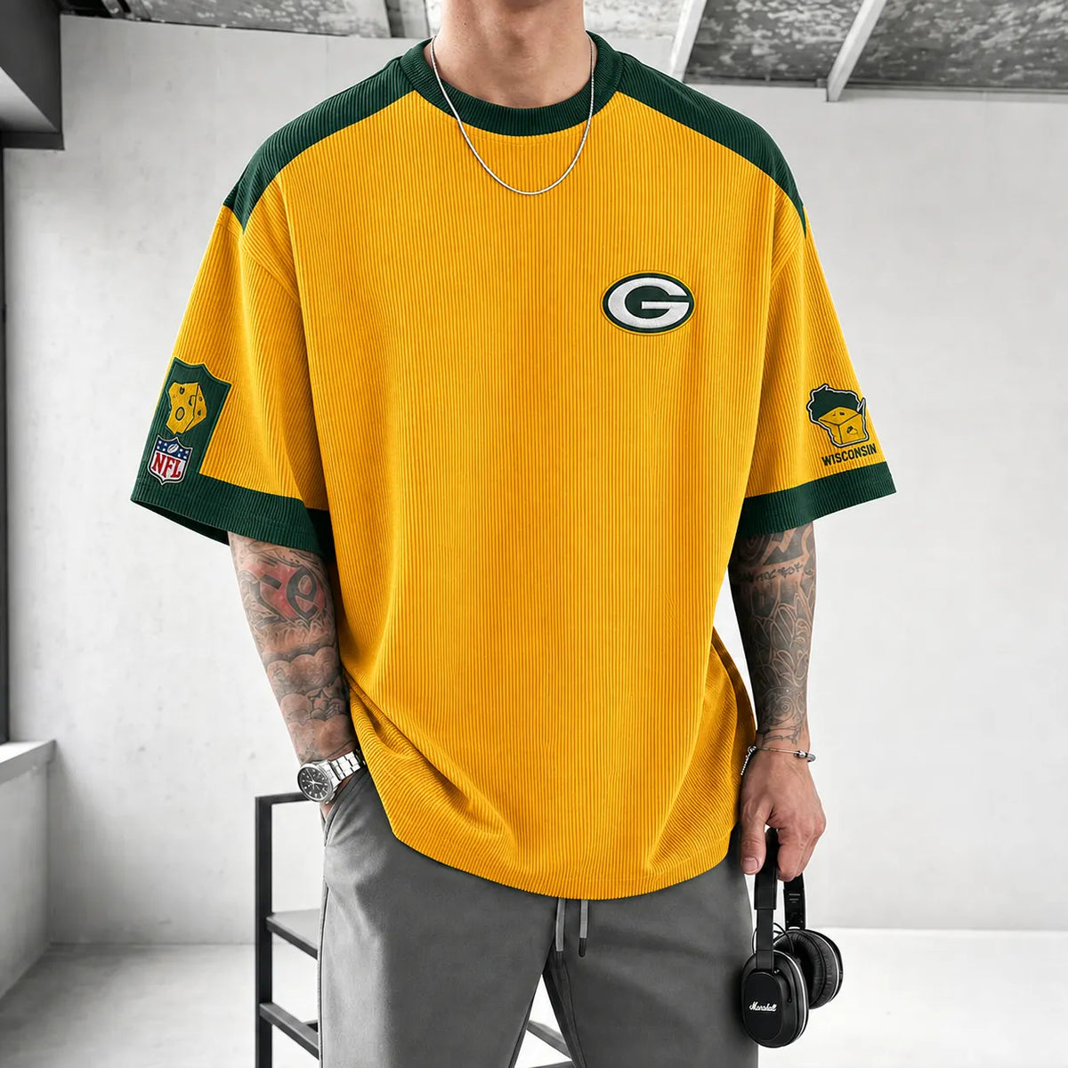 Unisex Loose-Fit Vertical-Stripe Short-Sleeve T-Shirt With Rugby Print