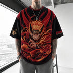 Unisex Oversized Anime-Print Vertical-Stripe Short-Sleeve T-Shirt