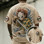 Unisex Oversized Anime-Print Vertical-Stripe Short-Sleeve T-Shirt