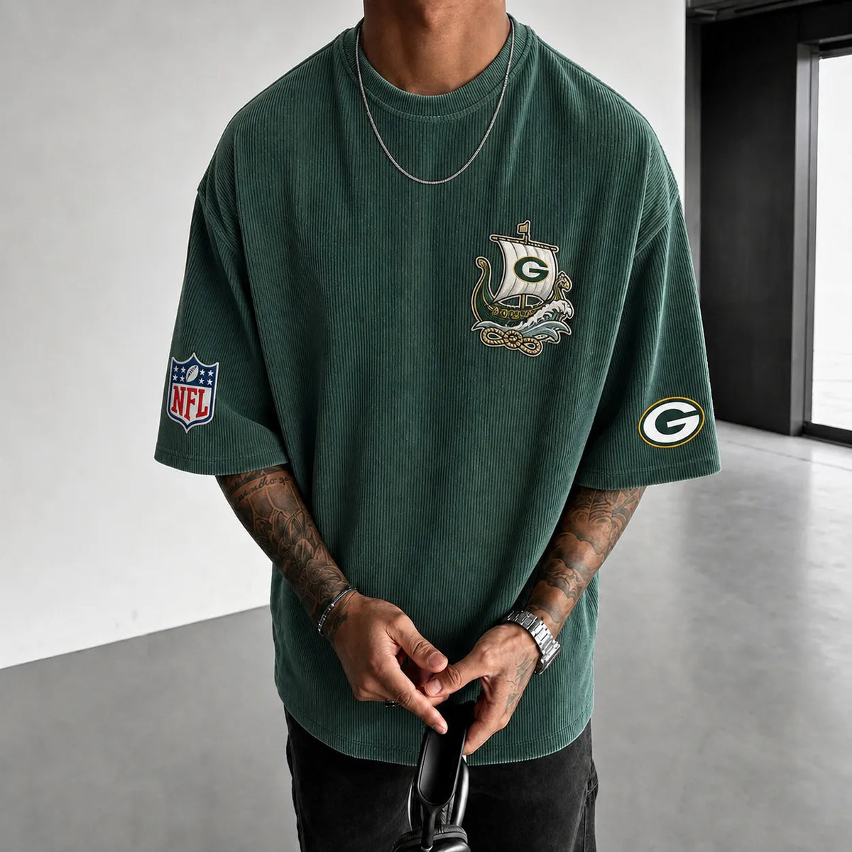 Unisex Loose-Fit Vertical-Stripe Short-Sleeve T-Shirt With Rugby Print
