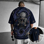 Unisex Oversized Anime-Print Vertical-Stripe Short-Sleeve T-Shirt
