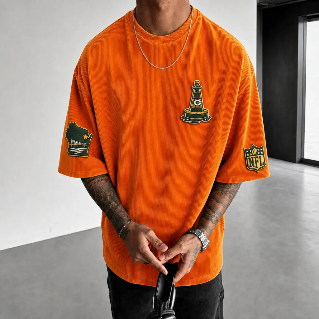 Unisex Loose-Fit Vertical-Stripe Short-Sleeve T-Shirt With Rugby Print