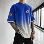 Unisex Loose-Fit Vertical-Stripe Short-Sleeve T-Shirt With Rugby Print